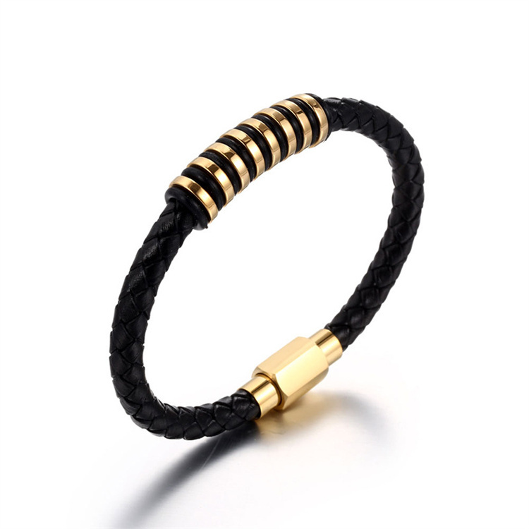 Genuine Leather Hand Bracelet With Gold Metal Design